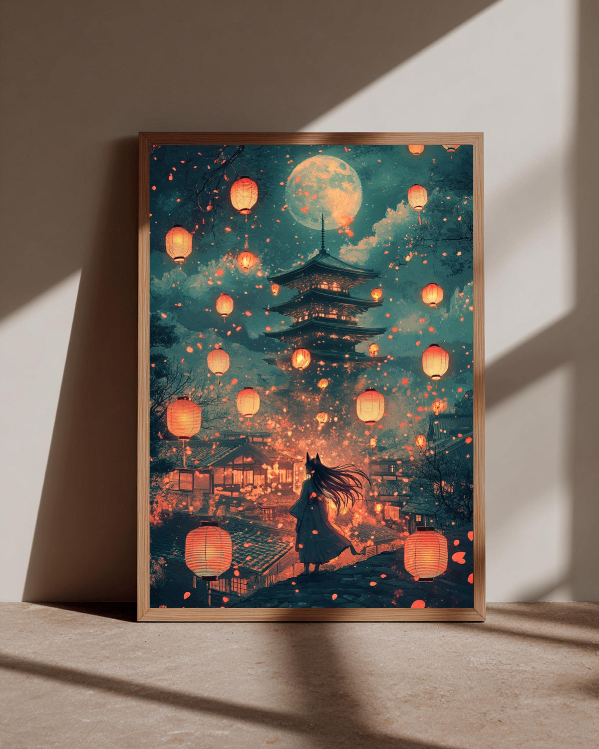 Retro Anime Kitsune Girl Print - Japanese Pagoda & Lanterns Poster - Mysterious Fox Spirit Wall Art - Midnight Moon Glossy Decor