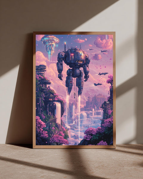Retro Anime Mecha Art, Giant Robot Sci-Fi Print, Framed Unframed or Digital
