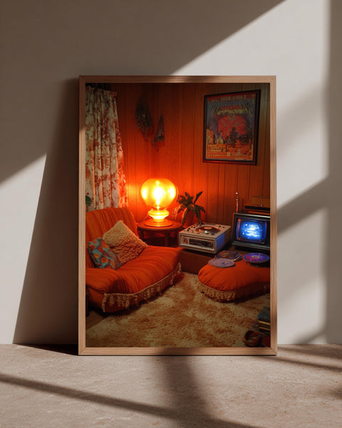 Retro 70s Living Room, Groovy Vintage Aesthetic Print, Nostalgic Decor, Framed Unframed or Digital