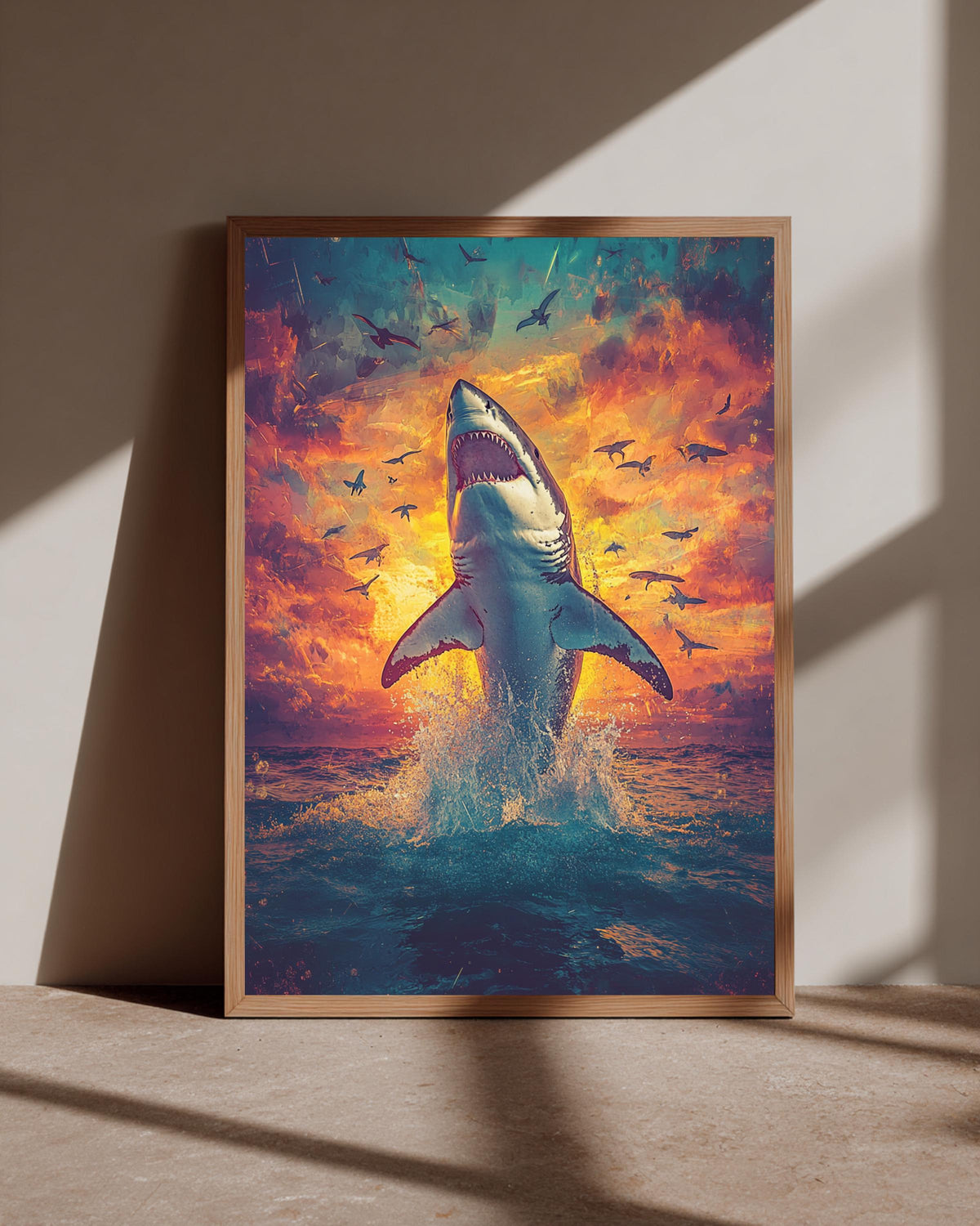 Great White Shark Breaching Poster - Vibrant Sunset Ocean Wall Art - Marine Life Gloss Print - Retro Shark Attack Coastal Home Decor