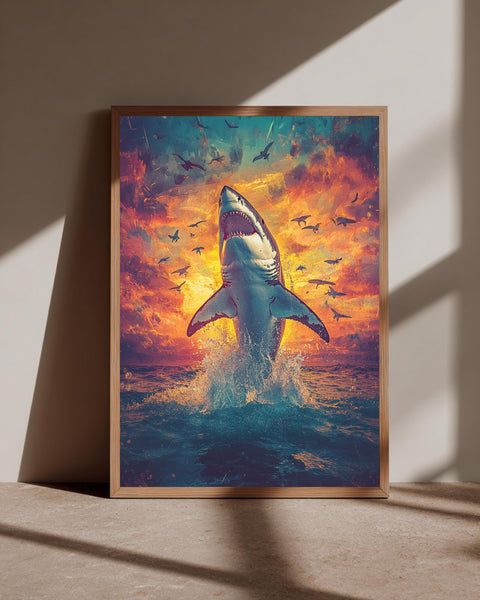 Great White Shark Breaching Poster - Vibrant Sunset Ocean Wall Art - Marine Life Gloss Print - Retro Shark Attack Coastal Home Decor