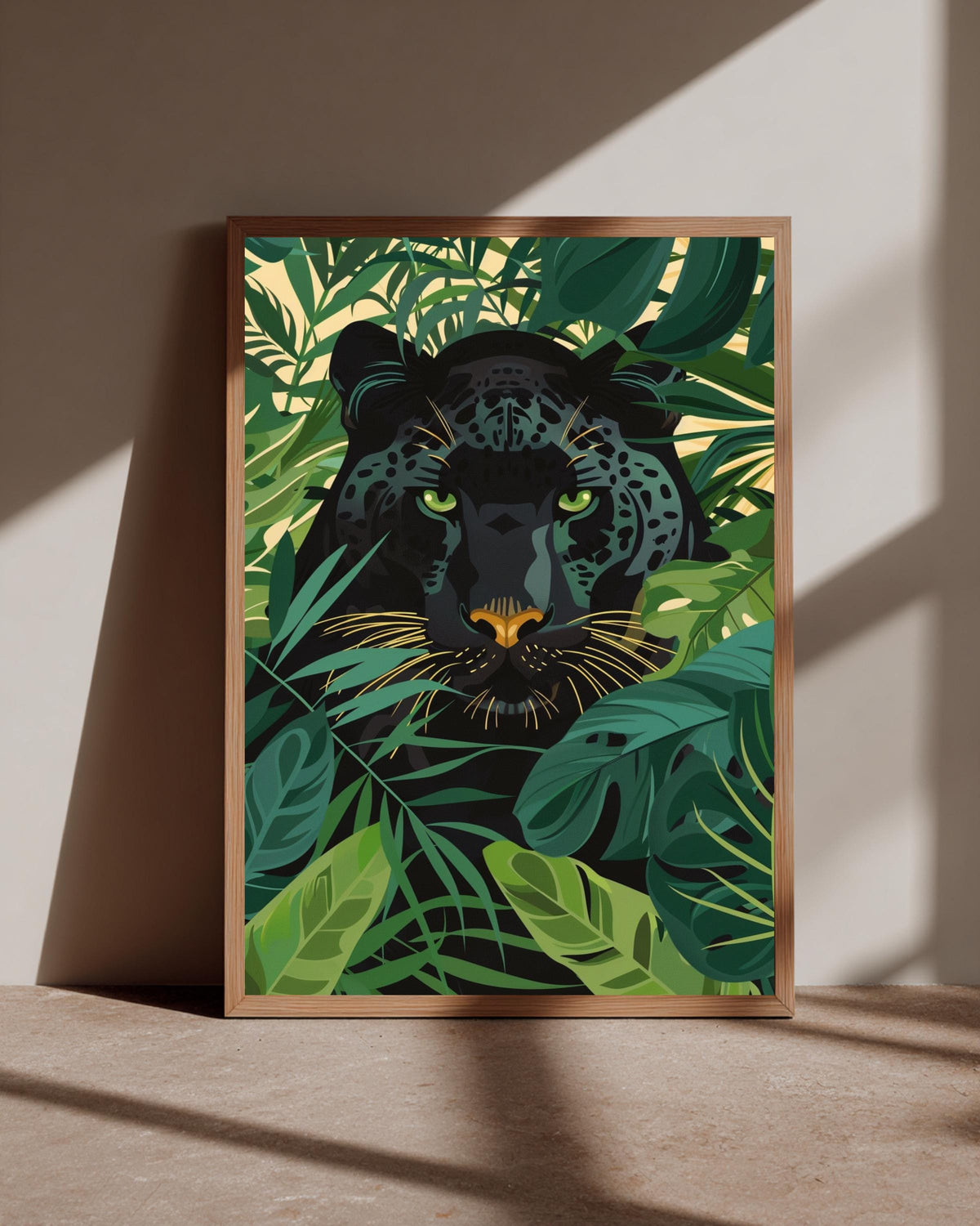 Black Panther Art Print, Retro Jungle Wall Decor, Tropical Botanical Poster, Exotic Animal Illustration, Emerald Green Foliage Glossy