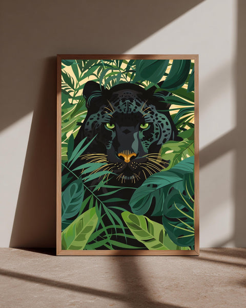 Black Panther Art Print, Retro Jungle Wall Decor, Tropical Botanical Poster, Exotic Animal Illustration, Emerald Green Foliage Glossy
