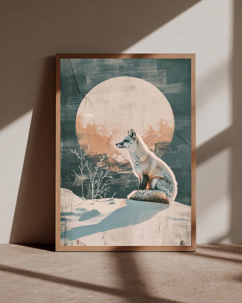 Arctic Fox Art Print, Retro Winter Landscape, Snowy Wildlife Poster, Framed Unframed or Digital