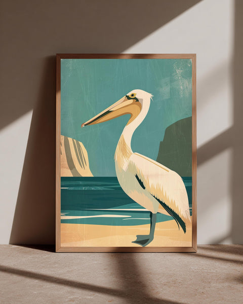 Retro Pelican Art, Vintage Coastal Bird Print, Minimalist Beach Poster, Framed Unframed or Digital