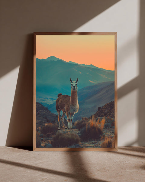 Vintage Llama Art, Retro Mountain Desert Sunset Wildlife Print, Framed Unframed or Digital