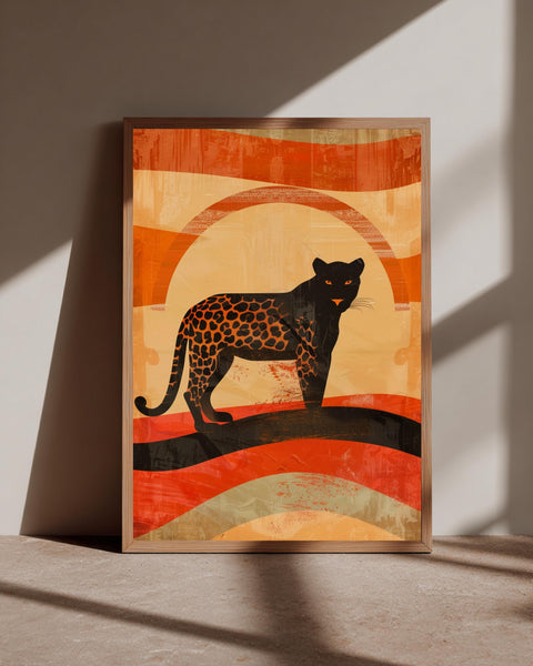 Retro Leopard Art, Vintage Sunset Wild Cat Print, Framed Unframed or Digital