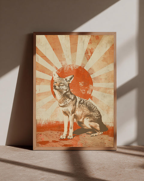 Retro Desert Art, Coyote Sunburst Southwest Vintage Poster, Framed Unframed or Digital