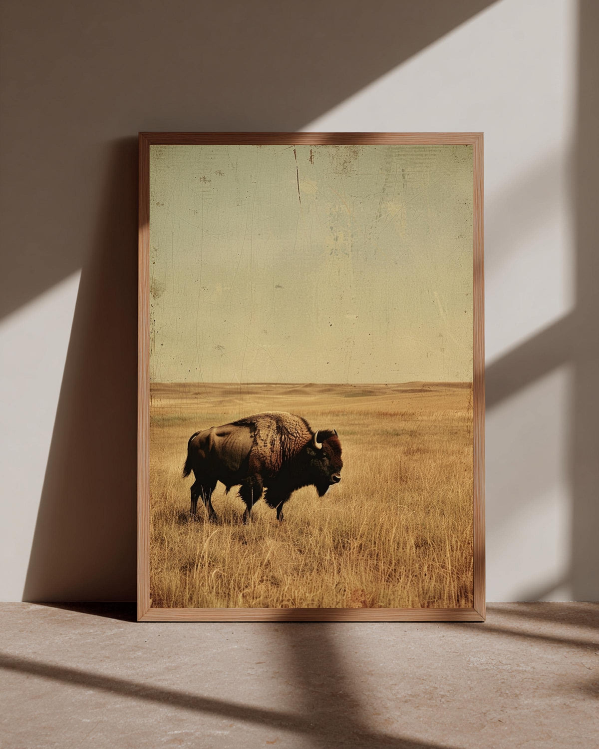 Retro Buffalo Art, Vintage Bison Prairie Wildlife Print, Framed Unframed or Digital
