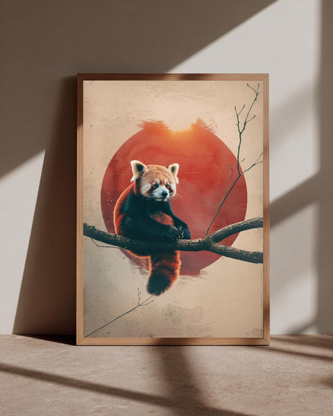 Retro Red Panda Art, Vintage Animal Branch Poster, Framed Unframed or Digital