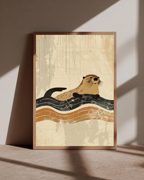 Vintage Otter Art, Retro River Wildlife Poster, Mid Century Animal Print, Framed Unframed or Digital