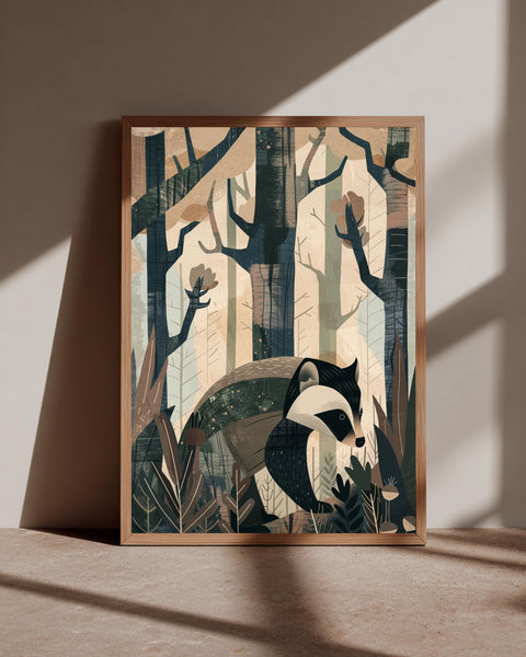 Woodland Wildlife Art, Vintage Badger Forest Print, Retro Decor, Framed Unframed or Digital