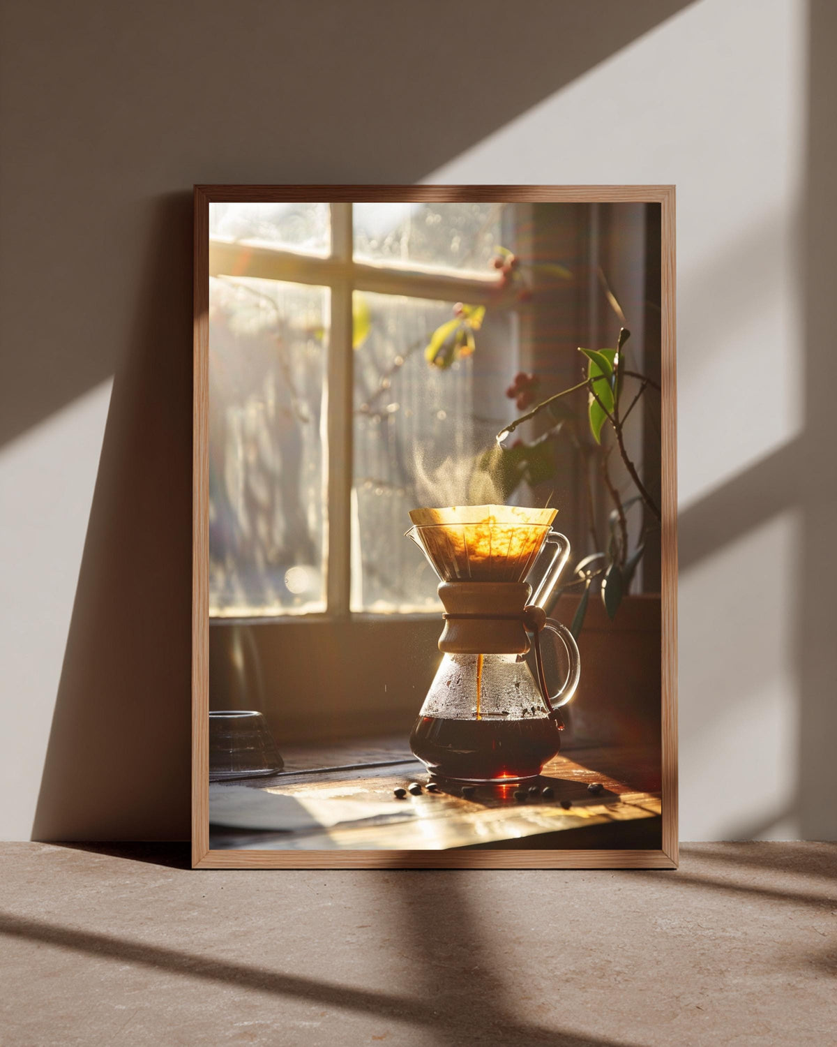 Morning Coffee Art, Pour Over Brewing Print, Sunlit Kitchen Decor, Framed Unframed or Digital