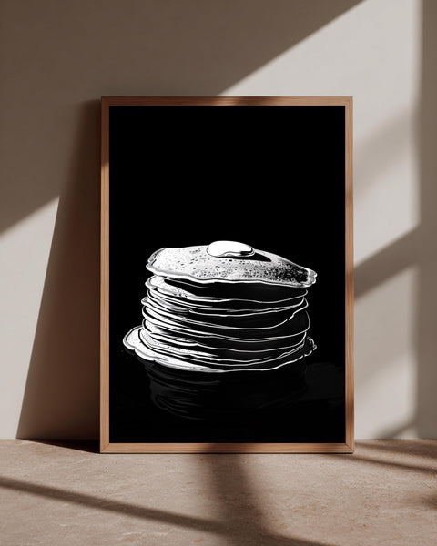 Pancake Stack Art, Black White Kitchen Print, Framed Unframed or Digital