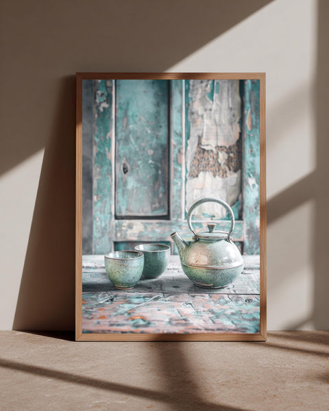 Rustic Teal Kitchen Art, Vintage Ceramic Teapot Print, Shabby Chic Decor, Framed Unframed or Digital