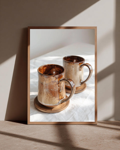 Rustic Ceramic Mug Art, Mid Century Modern Still Life Print, Framed Unframed or Digital