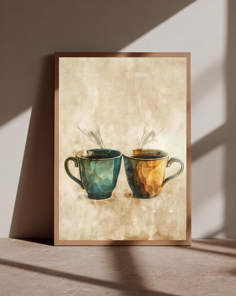 Vintage Coffee Art, Rustic Kitchen Decor, Teal Ochre Cup Print, Framed Unframed or Digital