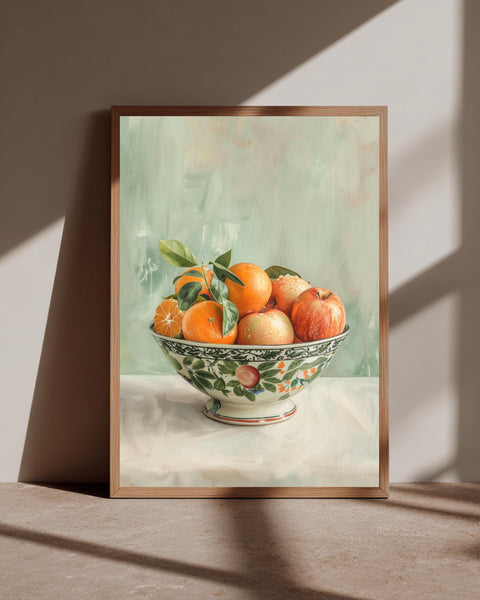 Fruit Bowl Still Life, Vintage Ceramic Print, Oranges Apples Decor, Framed Unframed or Digital