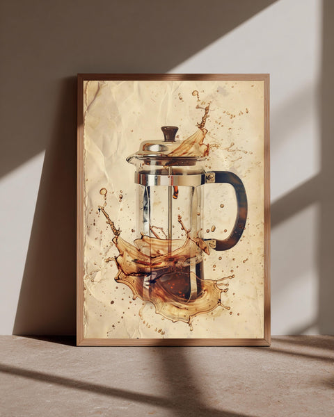Retro Coffee Art, French Press Vintage Splash Print, Framed Unframed or Digital