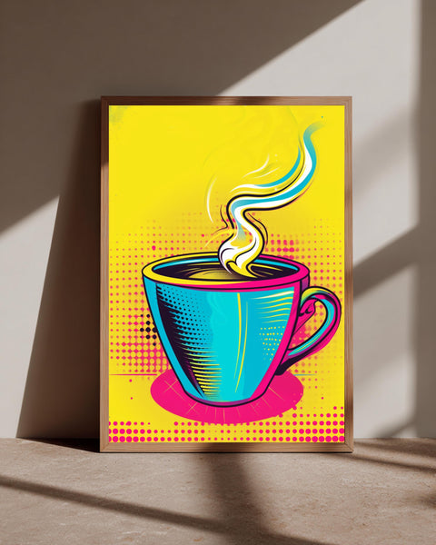 Retro Coffee Art, Pop Art Cup Print, Vibrant Kitchen Decor, Framed Unframed or Digital