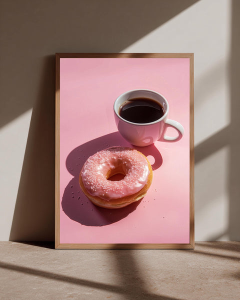 Retro Coffee Art, Pink Donut Kitchen Print, Diner Wall Decor, Framed Unframed or Digital