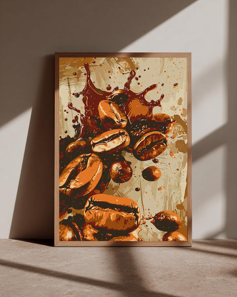 Retro Coffee Art, Bold Roasted Beans Splash Print, Vintage Kitchen Decor, Framed Unframed or Digital