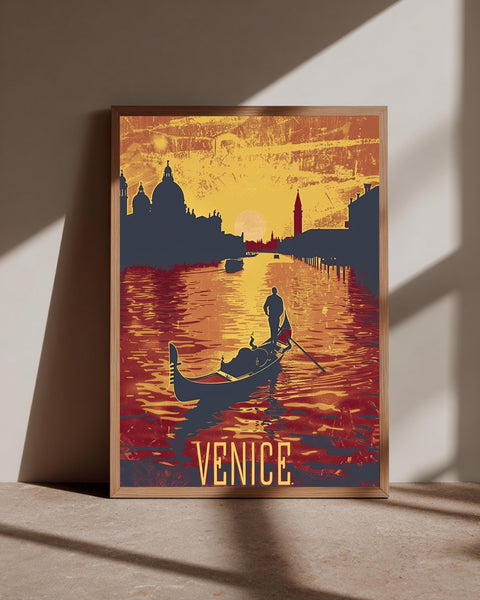 Retro Travel Poster, Venice Grand Canal Gondolier Print, Framed Unframed or Digital