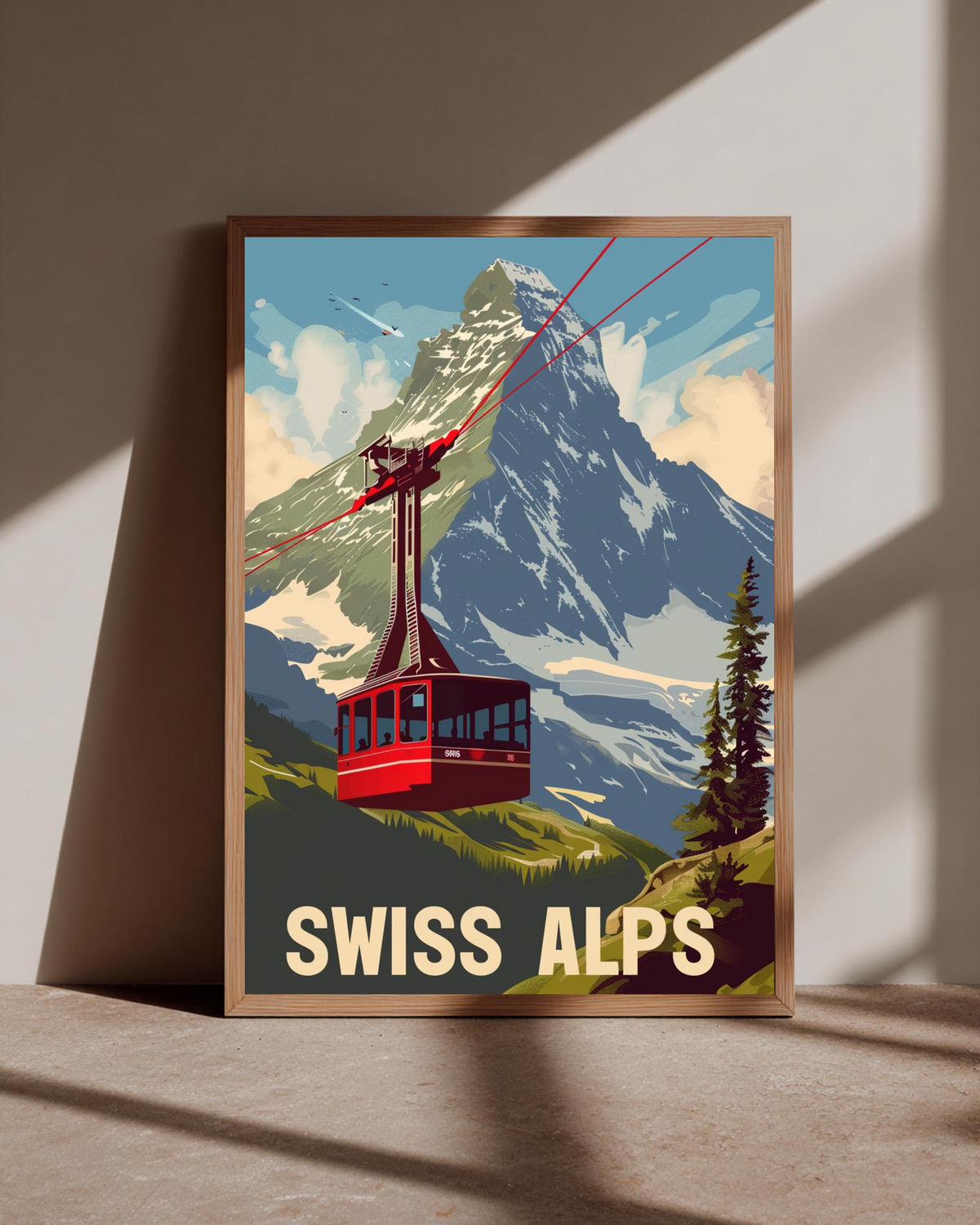 Retro Travel Poster, Swiss Alps Matterhorn Cable Car Print, Framed Unframed or Digital