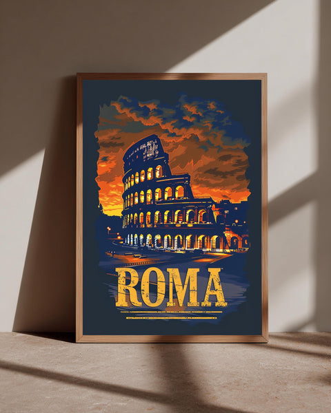 Retro Travel Poster, Roma Colosseum Italy Print, Vintage Roman Landmark, Framed Unframed or Digital