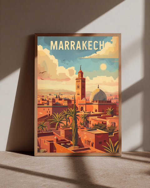 Retro Travel Poster, Marrakech Morocco Print, Koutoubia Mosque, Framed Unframed or Digital