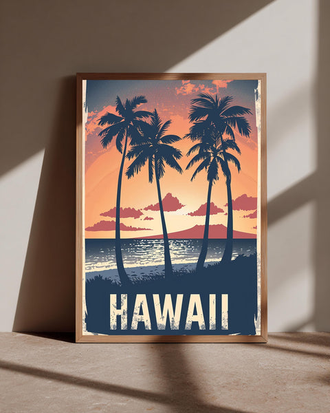 Retro Travel Poster, Hawaii Vintage Palm Sunset Print, Framed Unframed or Digital