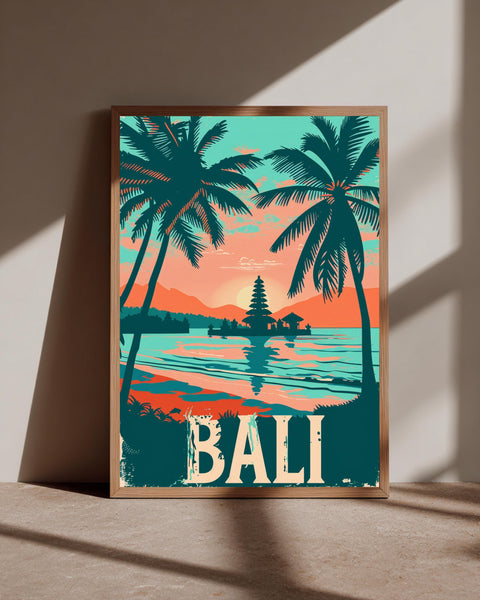Retro Travel Poster, Bali Indonesia Temple Print, Vintage Tropical Beach, Framed Unframed or Digital