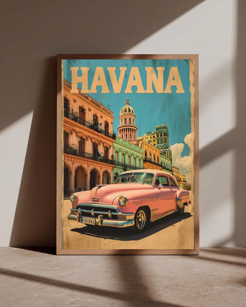 Retro Travel Poster, Havana Cuba Print, Pink Classic Car, Framed Unframed or Digital
