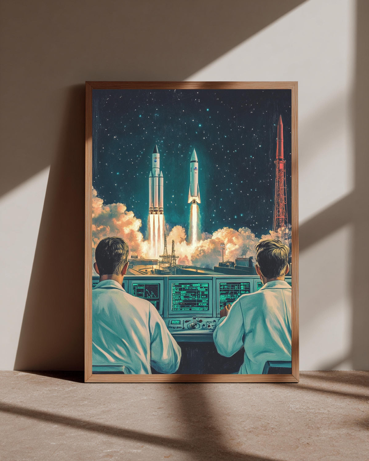 Retro Space Race Art, Rocket Launch Poster, Vintage Mission Control, Framed Unframed or Digital