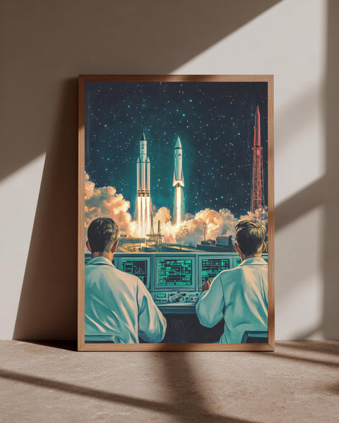 Retro Space Race Art, Rocket Launch Poster, Vintage Mission Control, Framed Unframed or Digital
