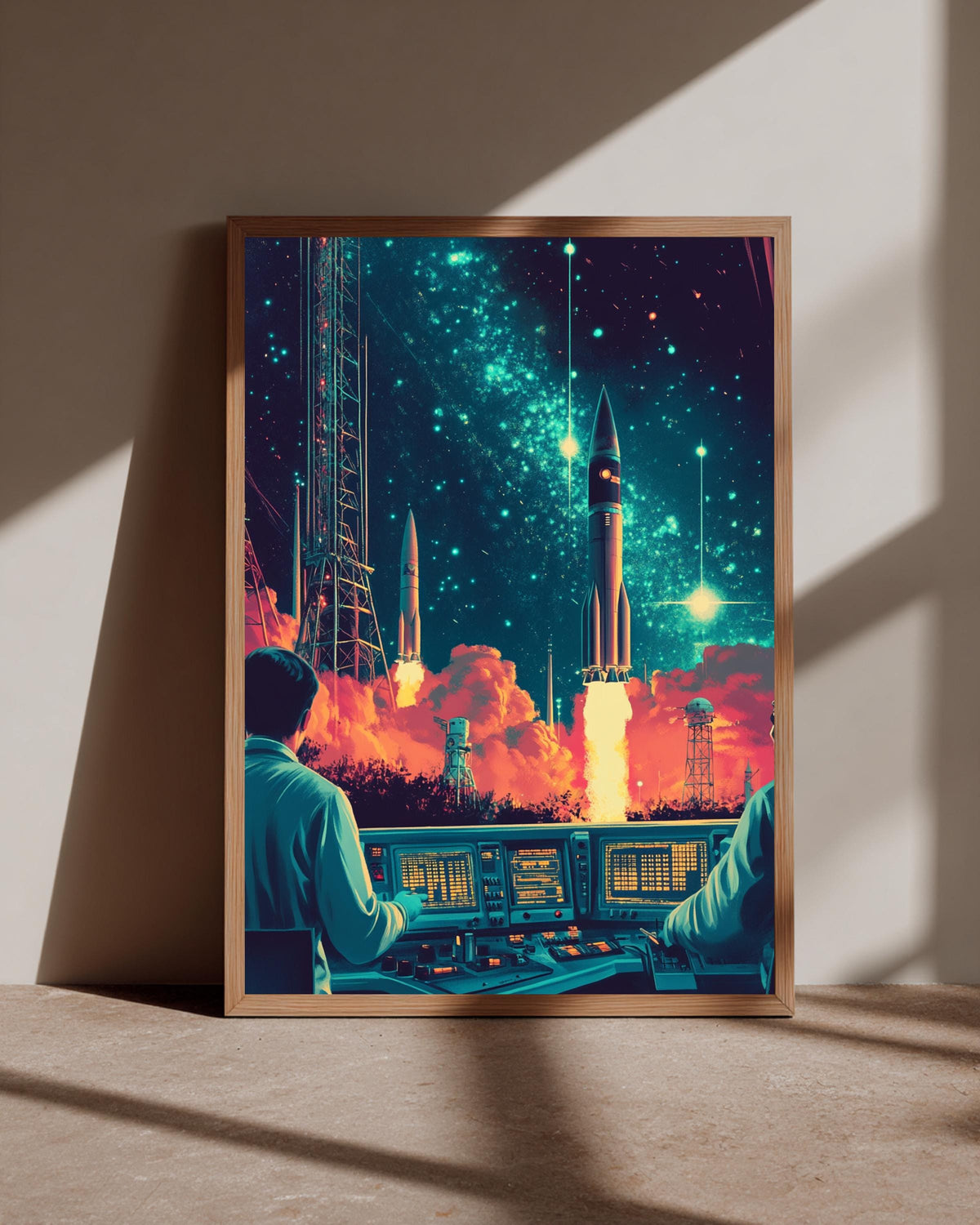 Retro Space Race Art, Vintage Rocket Launch Print, Mission Control, Framed Unframed or Digital