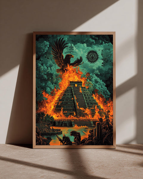 Aztec Empire Wall Art, Burning Temple Pyramid Print, Framed Unframed or Digital