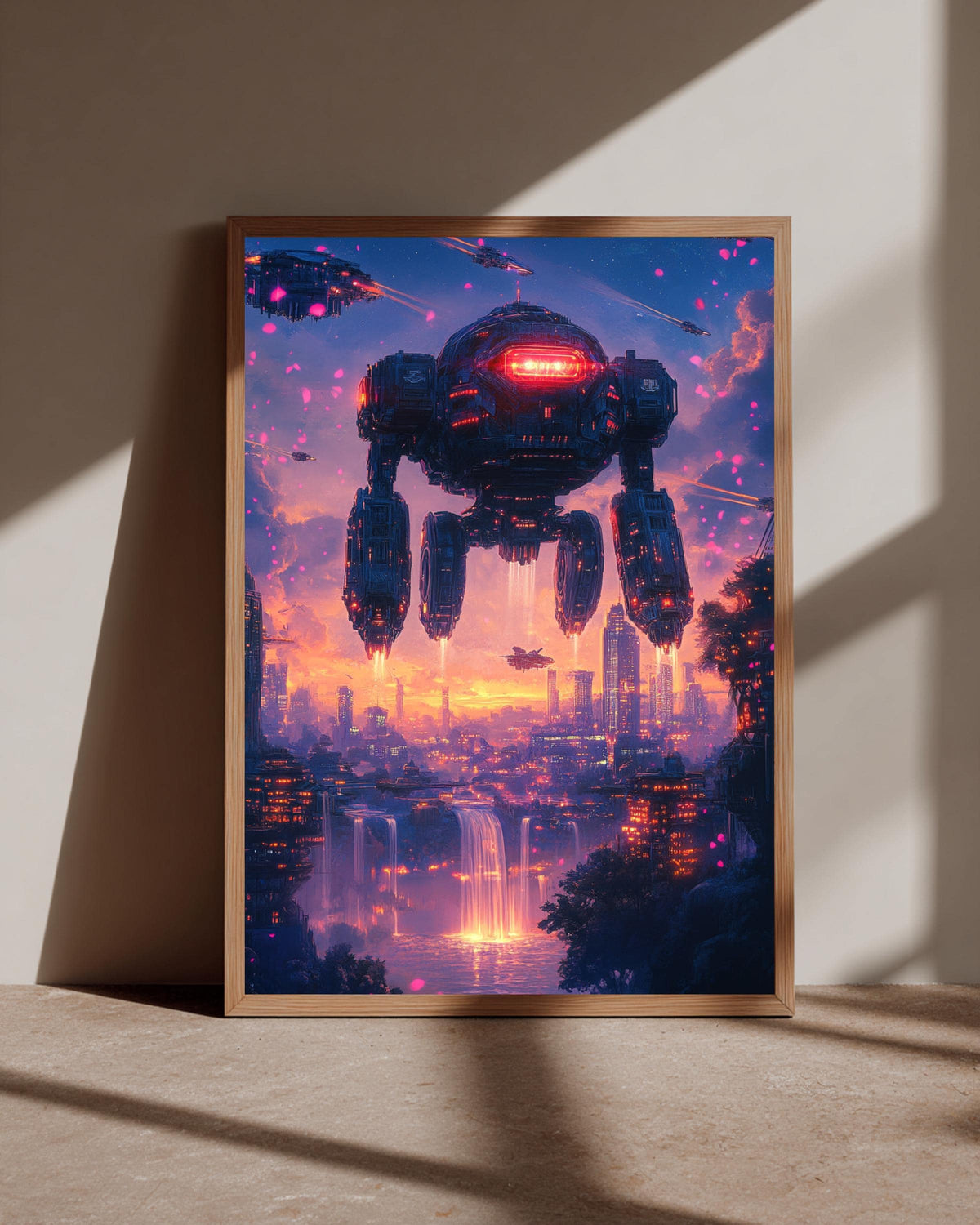 Giant Mecha Robot Art, Retro Anime Sci-Fi Print, Cyberpunk City, Framed Unframed or Digital