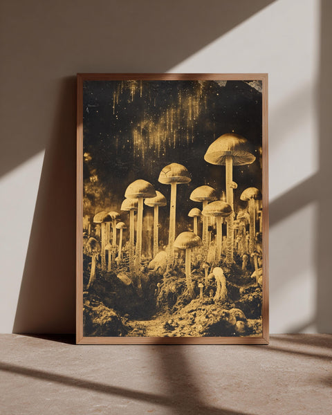 Vintage Mushroom Art, Celestial Fungi Sepia Poster, Framed Unframed or Digital