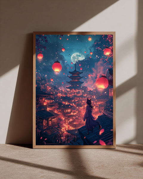 Japanese Lantern Festival, Kitsune Fox Spirit Print, Anime Wall Art, Framed Unframed or Digital