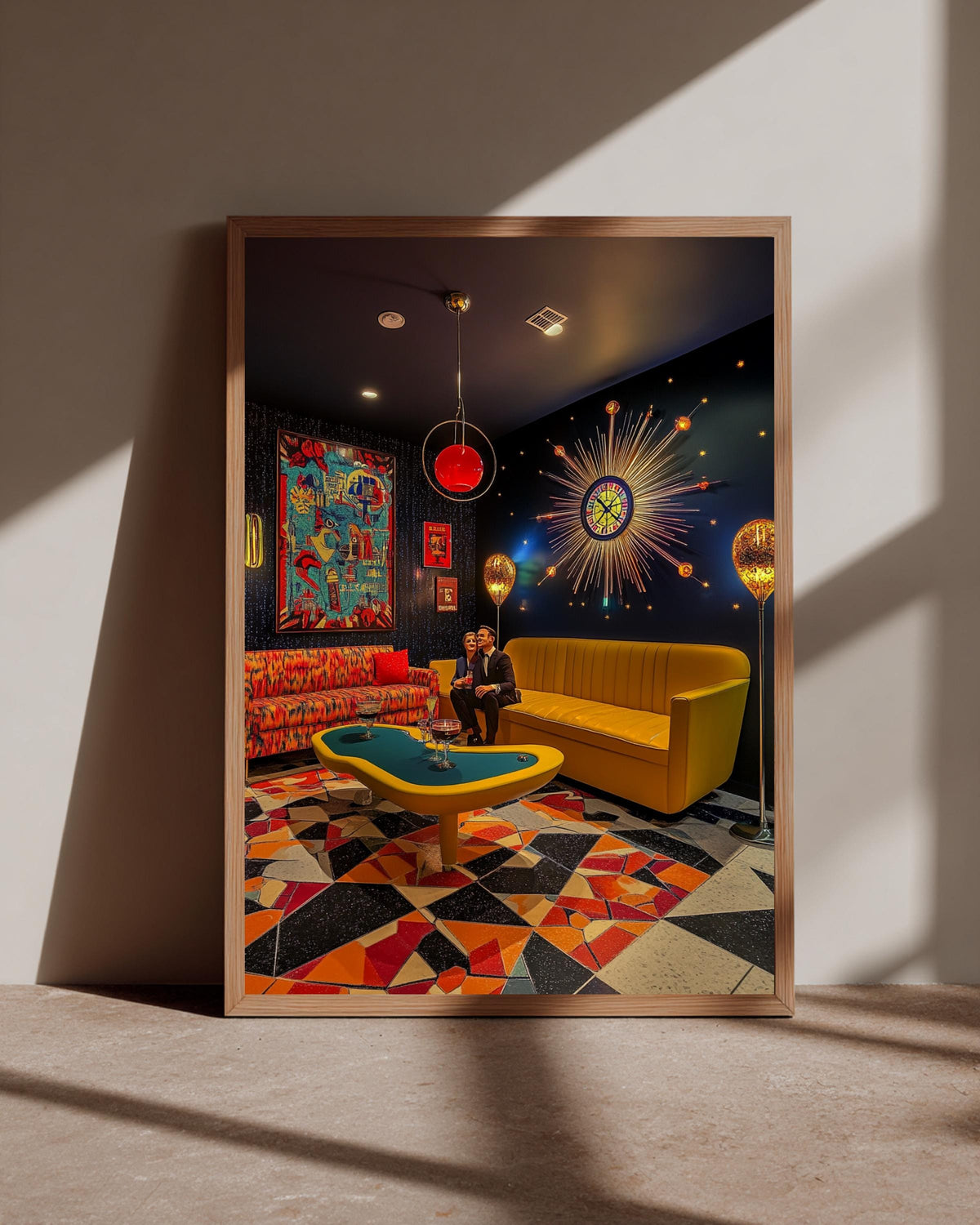 Retro Atomic Age Art, Mid Century Modern Lounge Print, Sunburst Decor, Framed Unframed or Digital