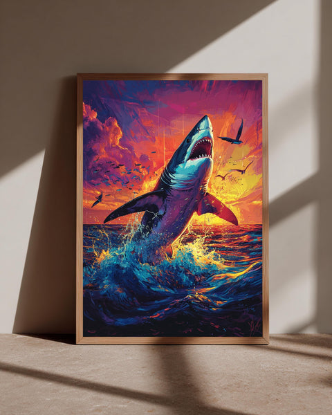 Great White Shark Breaching Sunset Poster - Colorful Ocean Wall Art Gloss Print - Modern Sea Life Decor - Vibrant Marine Life Painting
