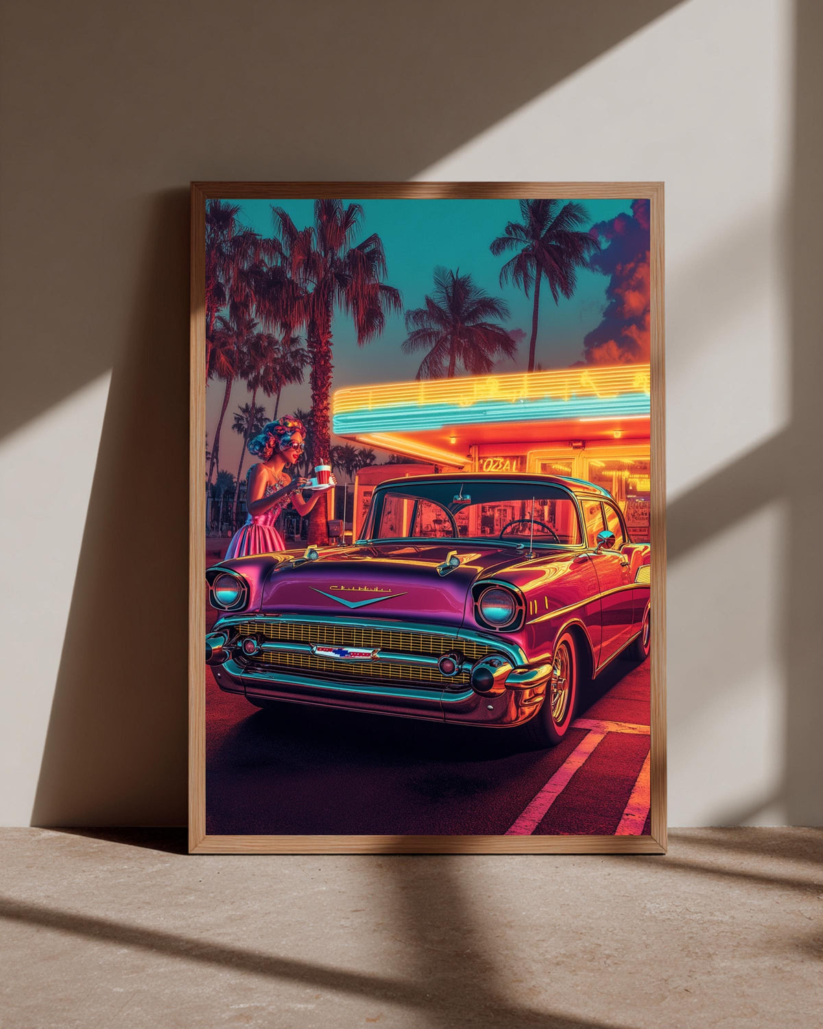 Retro Wall Art, 1957 Chevy Bel Air Neon Diner Print, Framed Unframed or Digital
