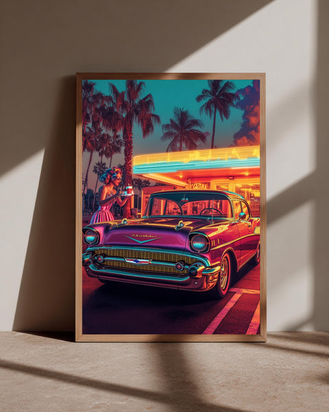 Retro Wall Art, 1957 Chevy Bel Air Neon Diner Print, Framed Unframed or Digital