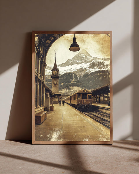 Vintage Train Station Art Print, Retro Alps Mountain Poster, Old Railway Station Sepia Decor, Antique Travel Wall Art, Gloss Art Print