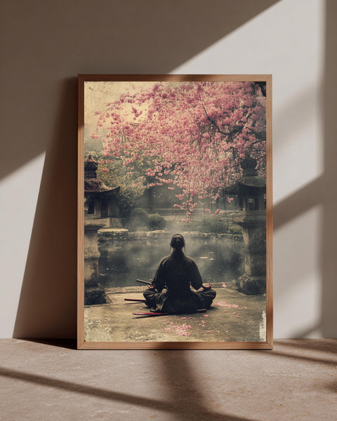 Samurai Zen Wall Art, Japanese Garden Sakura Print, Framed Unframed or Digital