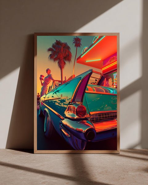 Retro Car Wall Art, 1957 Chevy Bel Air Print, Neon Diner Americana Poster, Framed Unframed or Digital