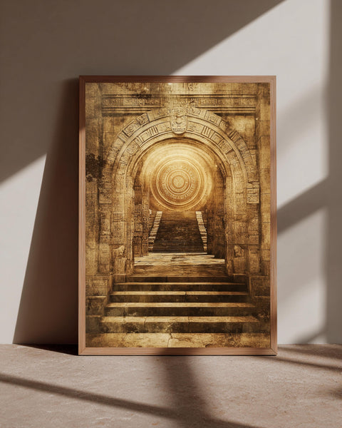 Ancient Aztec Temple Archway Poster - Mystical Mayan Ruins Wall Art - Sepia Sun Stone Portal Print - Mesoamerican Archeology Decor