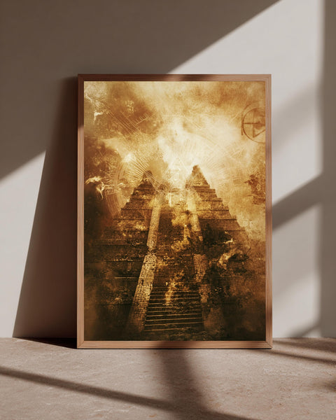 Aztec Temple Art, Ancient Mayan Pyramid Print, Visionary Decor, Framed Unframed or Digital