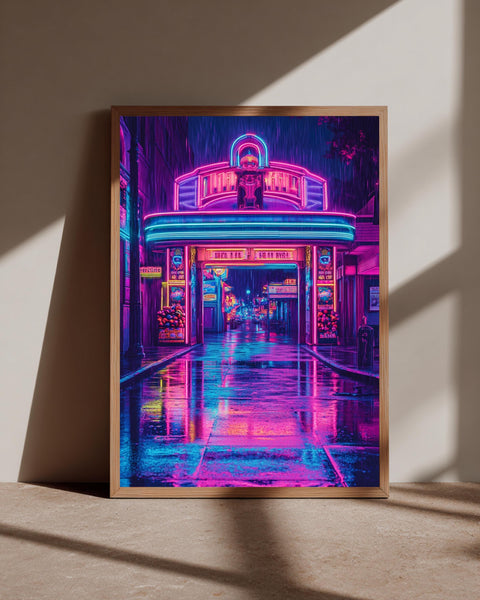 Neon Arcade Entrance, Cyberpunk Cityscape Print, Synthwave Poster, Framed Unframed or Digital